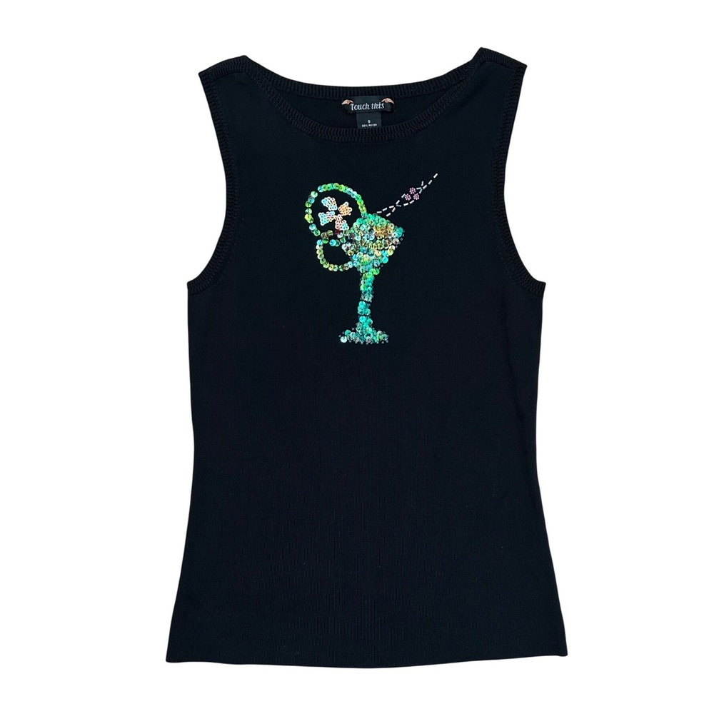 Black Knit Tank Top Sequined Cocktail Glass margarita Graphic Small y2k tropical